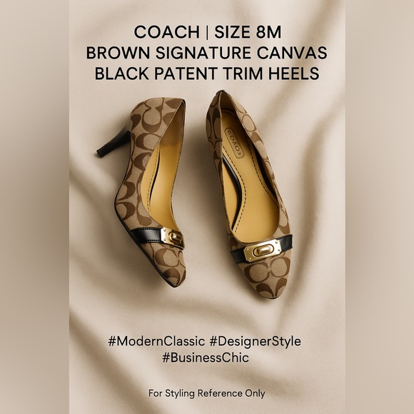 Coach Wanda | Size 8M | Brown Signature Canvas | Black Patent Trim Heels - Picture 1 of 8